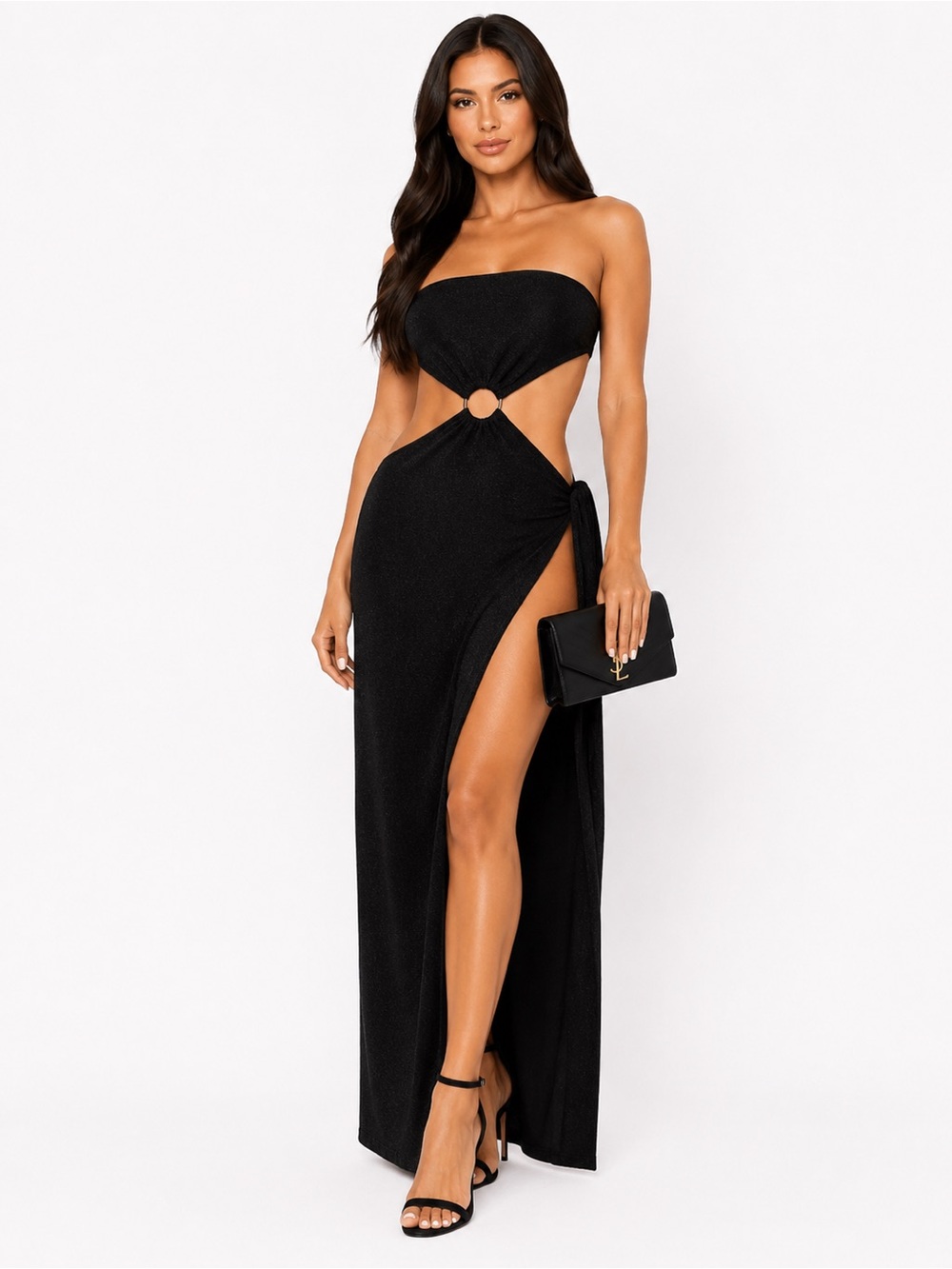 Meshki Sierra Black Strapless Cutout Shimmer Maxi Dress S
